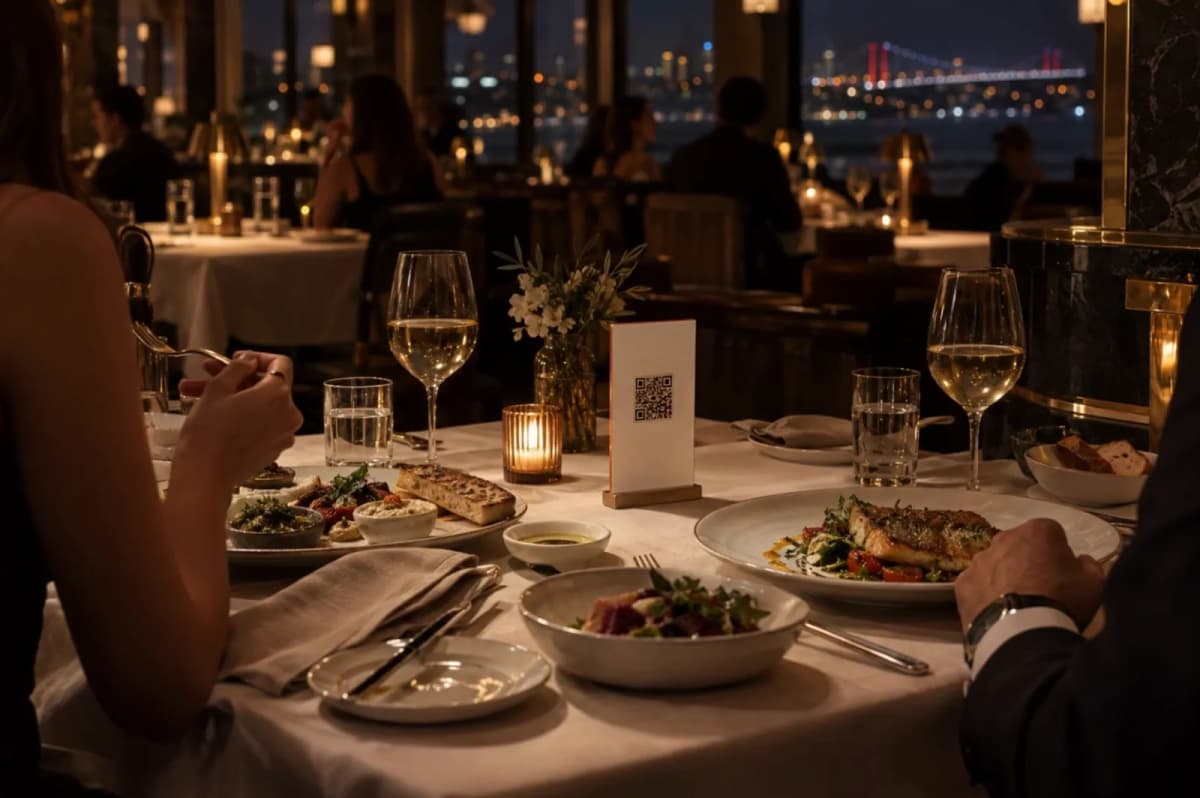 A candlelit dinner for two: sea bass, wine glasses and a QR menu card on the table