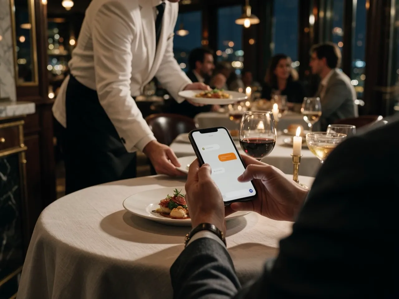 A guest asks the menu a question on their phone while a waiter serves the next table