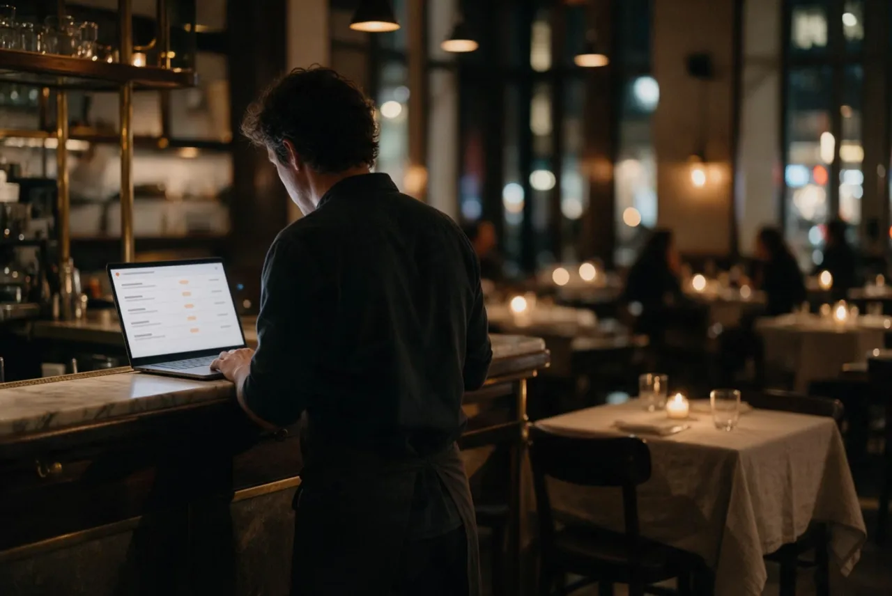 After service, the owner reads the week's report on a laptop at the bar