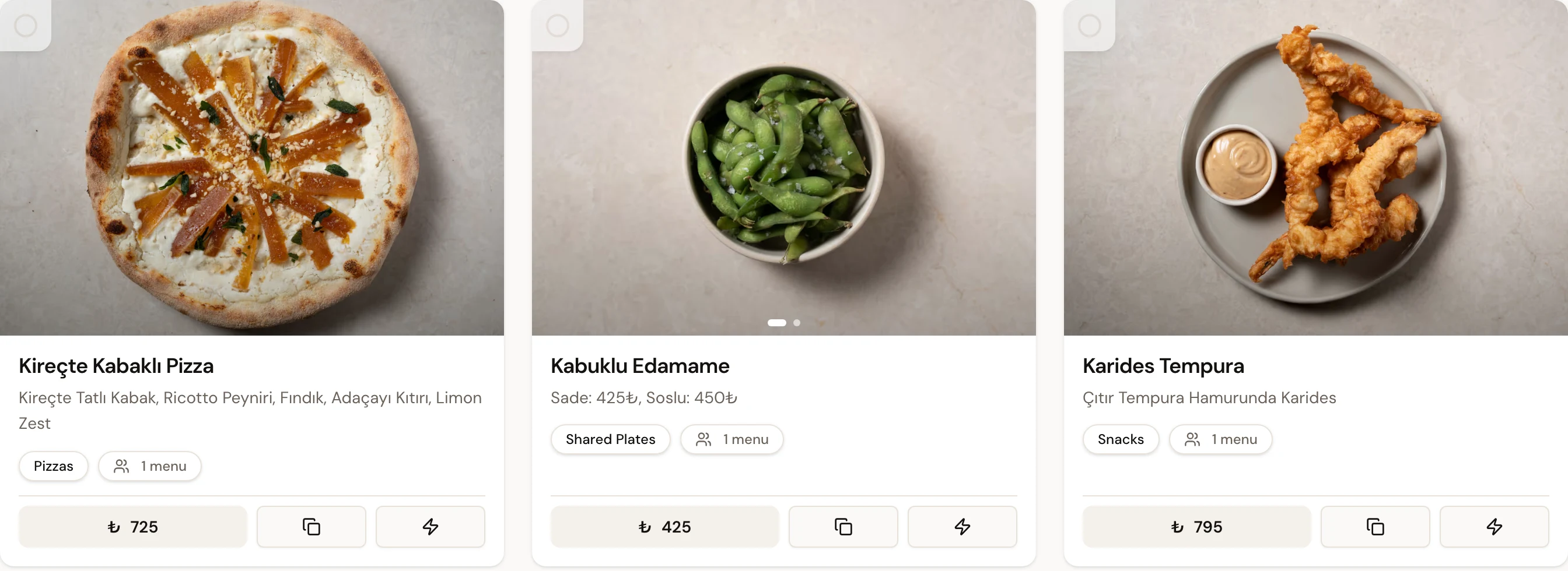 A menu card on the owner dashboard: dish photo, name, ingredients, category and price